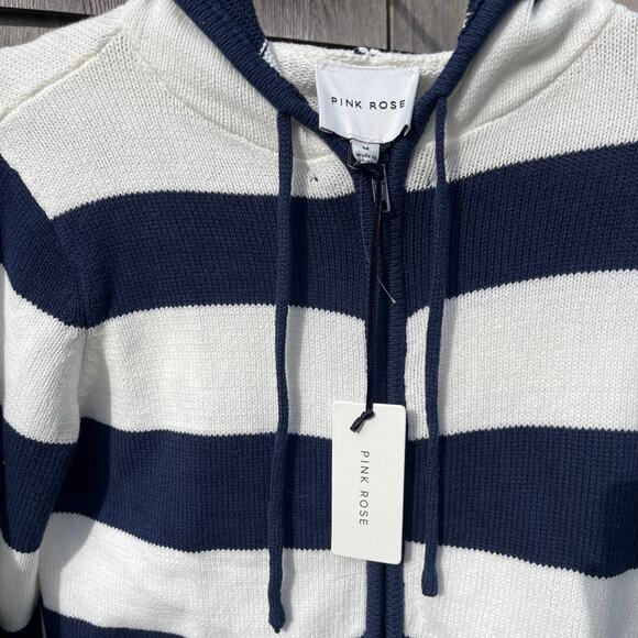 PINK ROSE, NWT, Knitted Zip Up Hooded Sweater, Blue & White Striped, Medium - Picture 2 of 4